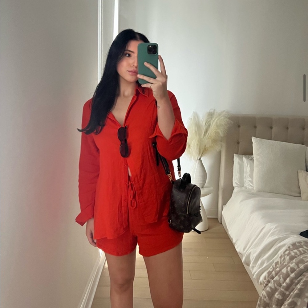 Red Button-Up Shirt and Shorts Set